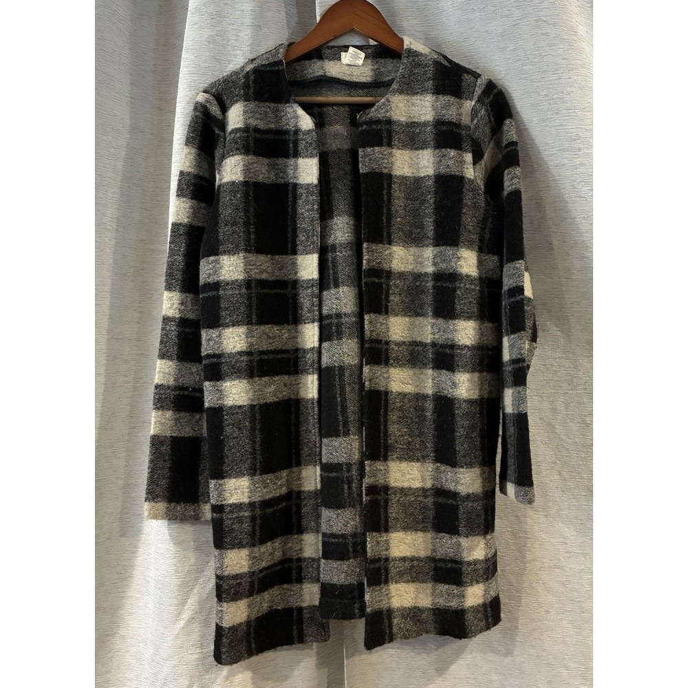Aspen Black Beige Plaid Open Front Longline Cardigan Jacket Sweater Small T-234